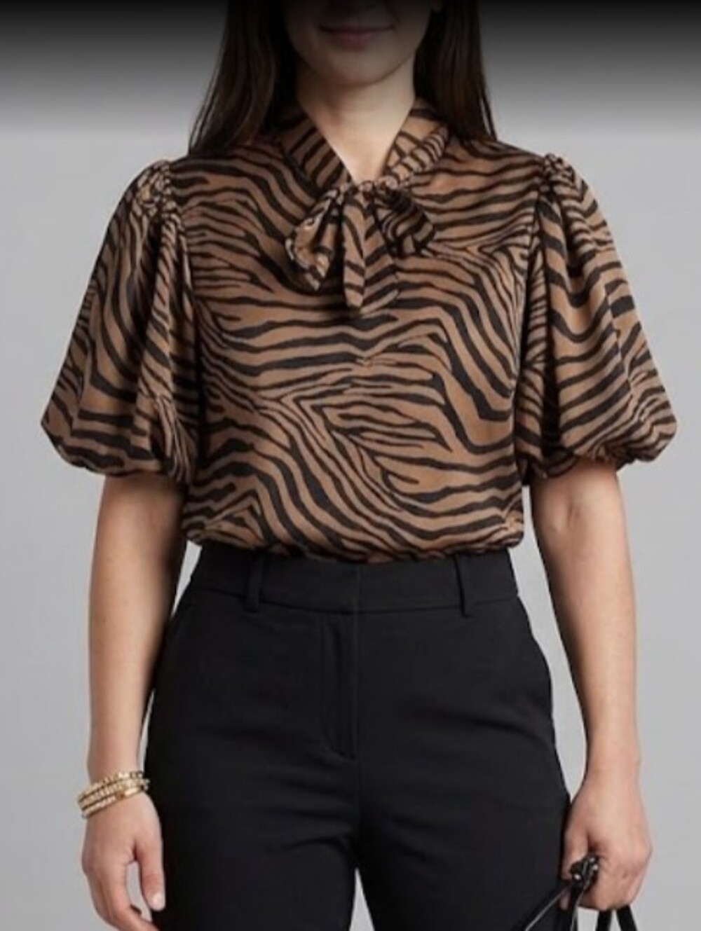 Entro Tie-Neck Zebra Print Blouse - Brown/Black